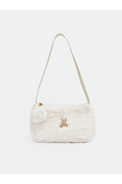 LC Waikiki Κοριτσίστικη βελούδινη τσάντα ώμου με φιγούρα μπεζ αρκούδας