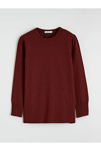 LC Waikiki Burgundy Crew Neck Stone Women's Knitwear Sweater