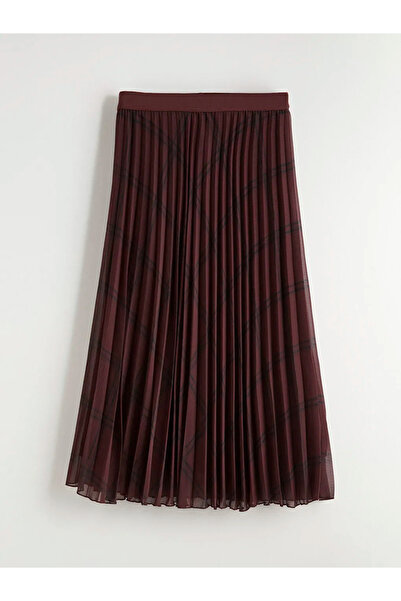 LC Waikiki Burgundy elastic waist plaid pattern pleated skirt