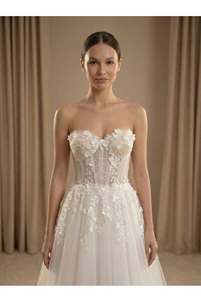 ABAD.HANDMADE فستان زفاف من التول بقصة على شكل حرف A بدون حمالات، مزين بزهور ...