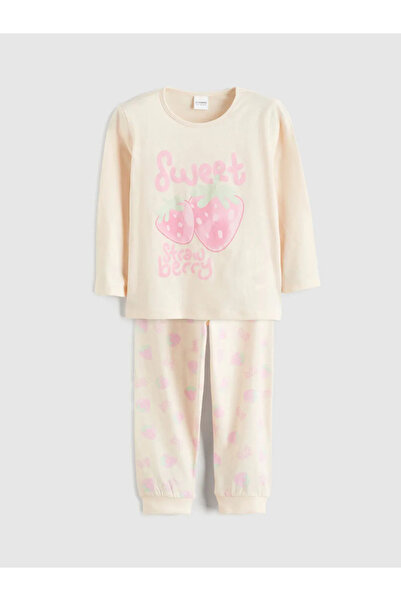 LC Waikiki Μπεζ μακρυμάνικο σετ πιτζάμες για κορίτσια με στάμπα
