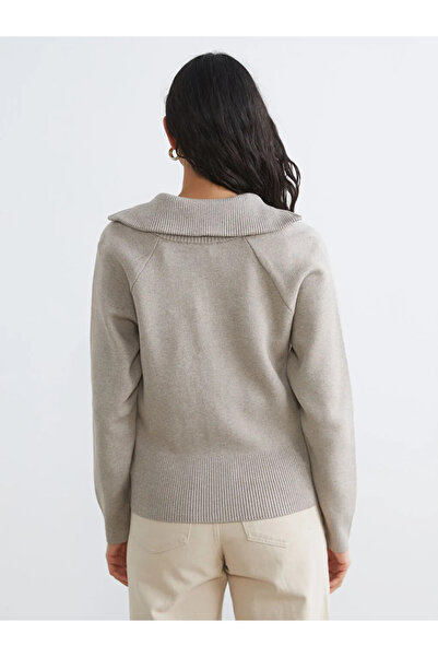 LC Waikiki Beige polo collar women's knit cardigan