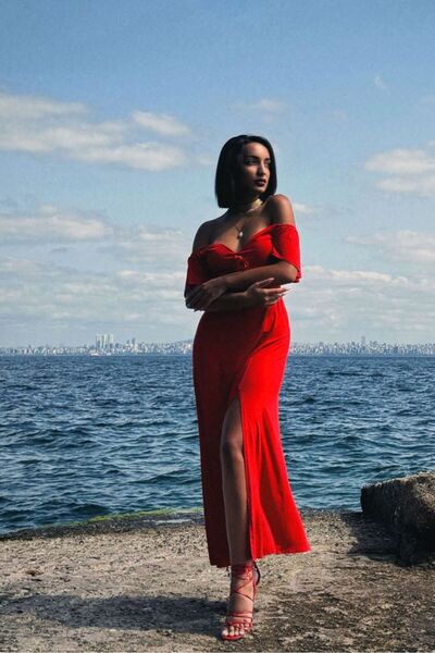 Caddebostan Moda Red Plain Viscose Deep Slit Dress Modern Premium Luxury Tren...