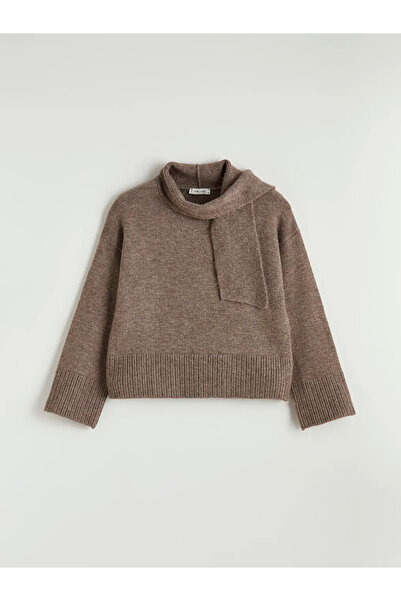 LC Waikiki Beige shawl collar women's knit sweater