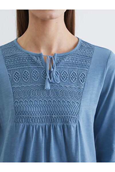 LC Waikiki Blue Tie Collar Embroidered Blouse