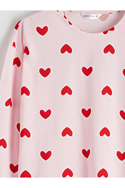 LC Waikiki Pink Crew Neck Heart Printed Women's Pajama Set