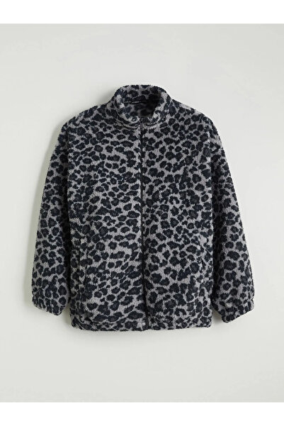 LC Waikiki Anthracite Leopard Patterned Oversized Women's Plush Cardigan