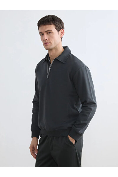 LC Waikiki Anthracite Zipper Closure Polo Collar Men's Sweatshirt
