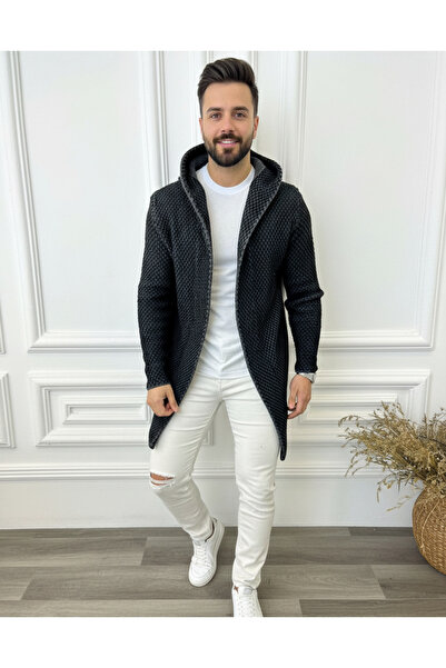 elkumoda Men's Black Smoked Hooded Knitwear Cardigan - Smoked Long Cardigan w...