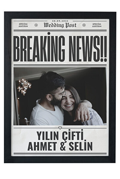 gxe.art Kişiye Özel “Breaking News” Gazete Tasarımlı Çift Tablosu– İsim & Tar...