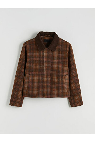 LC Waikiki Brown Velvet Shirt Collar Plaid Women's Jacket