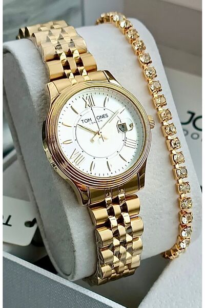 Tom Jones ساعة يد نسائية جديدة مزودة بأرقام رومانية + سوار هدية