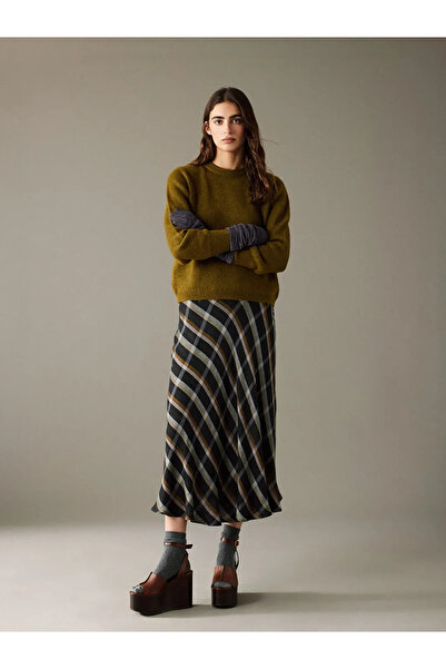 LC Waikiki Brown Zippered Ruffled Plaid Skirt