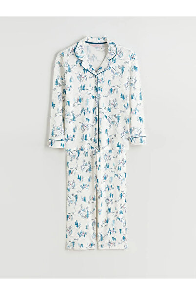 LC Waikiki Ecru Shirt Collar New Year Themed Women's Pajama Set