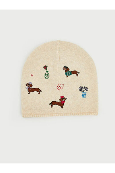 LC Waikiki Ecru Animal Embroidered Women's Knitwear Beanie
