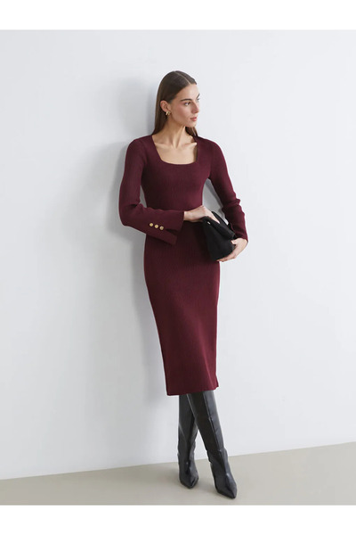 LC Waikiki Burgundy Square Neck Bodycon Knit Dress