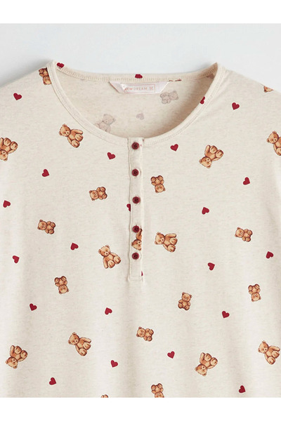 LC Waikiki Beige Crew Neck Bear Teddy Patterned Maternity Nightgown