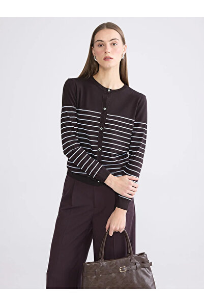 LC Waikiki Brown Crew Neck Striped Women's Knitwear Cardigan