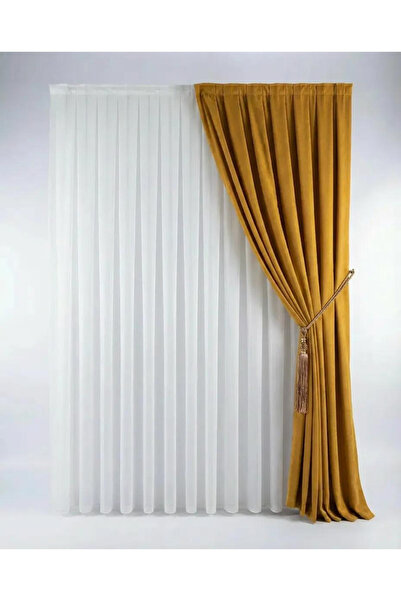 İNCİLİFE Hardal Rengi Kadifemsi Ada Fon Perde – 1/2,5 Orta Pileli (V-12)