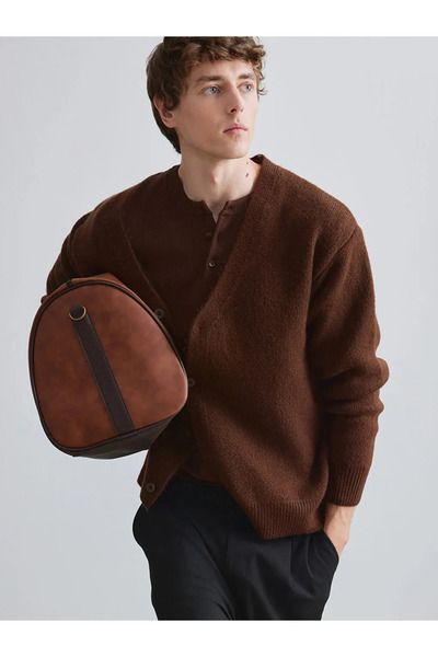 LC Waikiki Brown V-Neck Men's Knitwear Cardigan