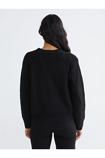 LC Waikiki Black V-Neck Self-Patterned Women's Knitwear Cardigan