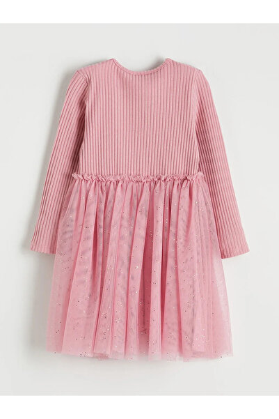 LC Waikiki Ružičasta okrugla kragna haljina za devojčice sa mašnom