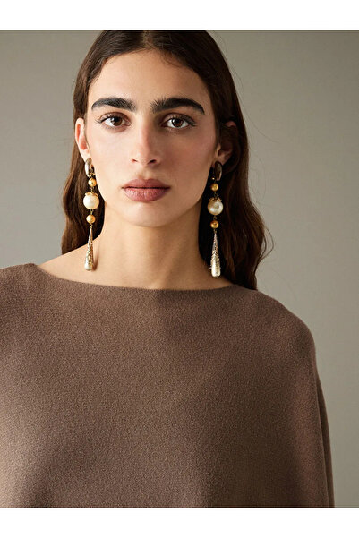 LC Waikiki Beige crew neck Oversized women's knit poncho