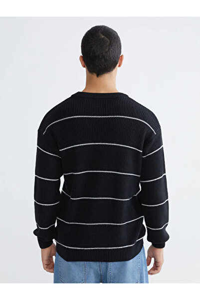 LC Waikiki Black Crew Neck Striped Wool Blend Men's Knitwear Sweater