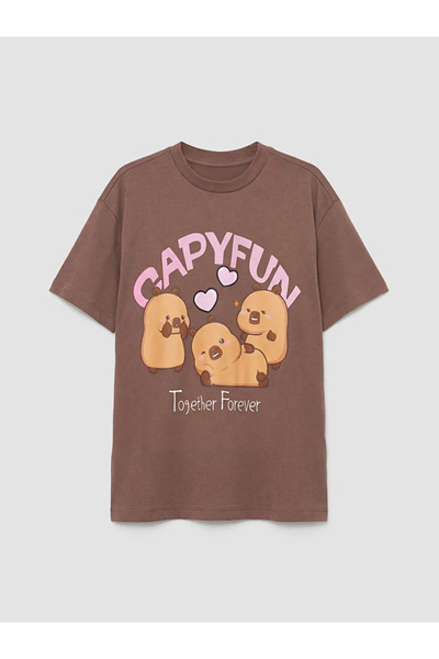 LC Waikiki Smeđa devojčina okrugla kragna Štampano majica