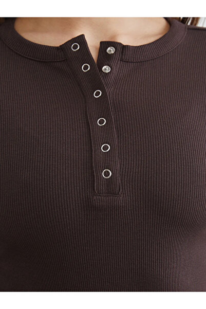 LC Waikiki Brown Crew Neck Corded Fabric Women's Bodysuit