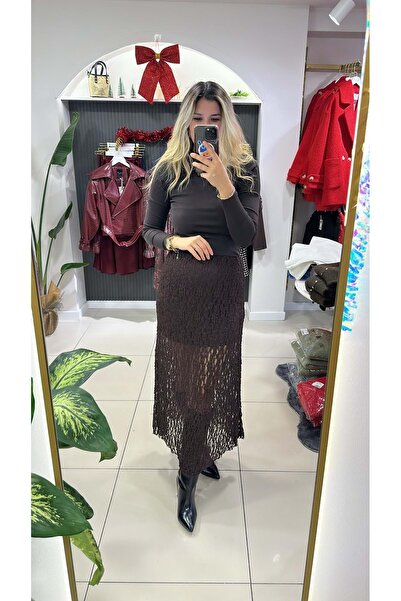 HandeButik Kadın Güpür Detaylı Astarlı Beli Lastikli Etek