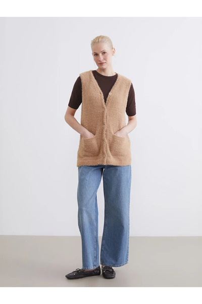 LC Waikiki Brown V-Neck Women's Knitwear Vest