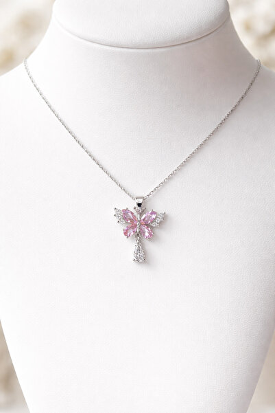 Sweet bunny Pembe Taşlı Kelebek Figürlü Zarif Gümüş Kolye