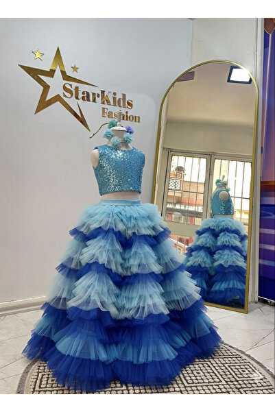 Star Kids Girl's Blue Sequined Tulle Layered Evening Dress, Girl's Party Dress