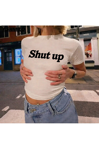 Toum White crop blouse with belt length slogan print