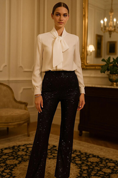 VENTİUP Fiyonk Yaka Uzun Kol İpek Krep Bluz – Ekru