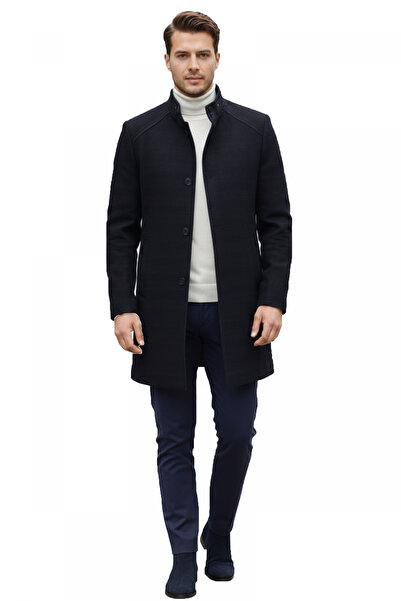 DeepSEA Navy Blue Regular Cut Stand Collar Men's Cashmere Coat – Buttoned Win...