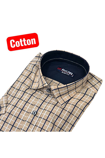 EREN STYLE Slim Fit Plaid Cotton Short Sleeve Shirt Without Pockets (Slim Fit...