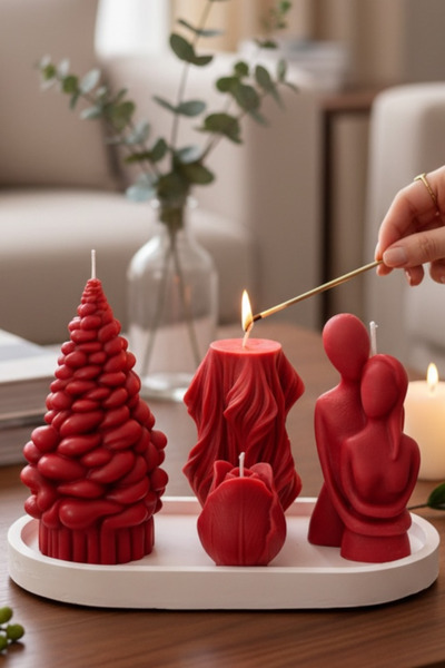 Natura Home Decor Sanatsal Kırmızı Mum Koleksiyonu (4’lü) + Taş Tozu Oval Tabak
