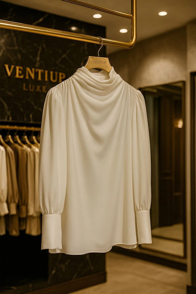 VENTİUP Ivory Grace Drapeli Yaka Bluz