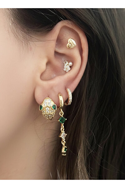 Gistoria Yeşil Zirkon Taşlı Yılan 3'lü Kombin Küpe seti