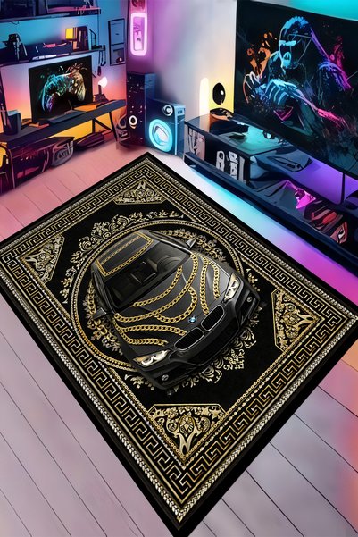 Kessy Home Studio Araba Desenli Siyah Gold-Gümüş Zincirli Dijital Baskı Kayma...