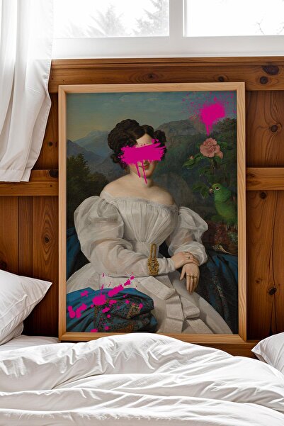 Saturn Pictură înrămată cu graffiti fucsia Countess Szechenyi, portret clasic...