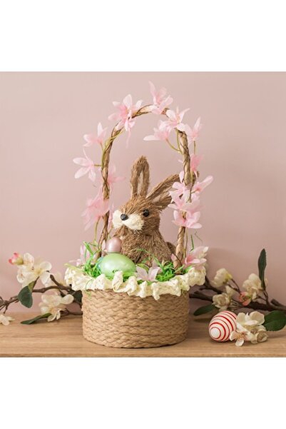 OEM Coș decorativ de Paște cu mâner, decorat cu iepuraș, flori roz și ouă