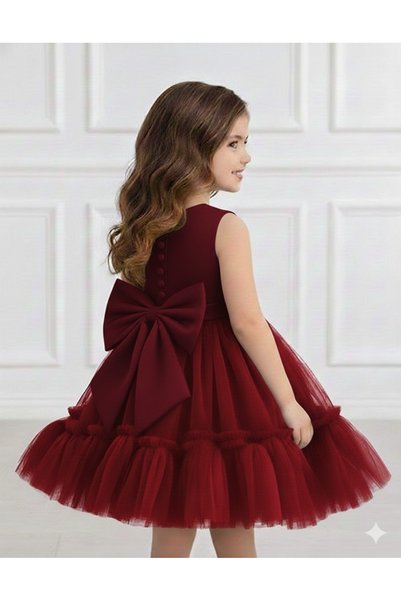 PRİNCESS Girl's Burgundy Bow Detailed Skirt Tulle Dress, Girl's Evening Dress, Party Dress
