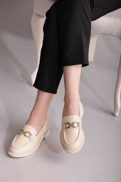 ermin Women's Loafer Cream Round Buckle Stylish Lightweight Casual Shoes