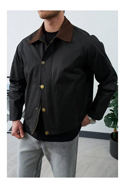 perasttesktil Men's Lined Waxed Fabric Buttoned Zippered Jacket