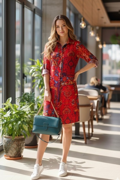 Polologin Butik Bohemian-Inspired Red Patterned Shirt Dress