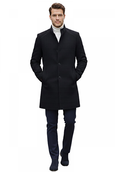 Rizz up Navy Blue Regular Cut Stand Collar Men's Cashmere Coat – Buttoned Win...