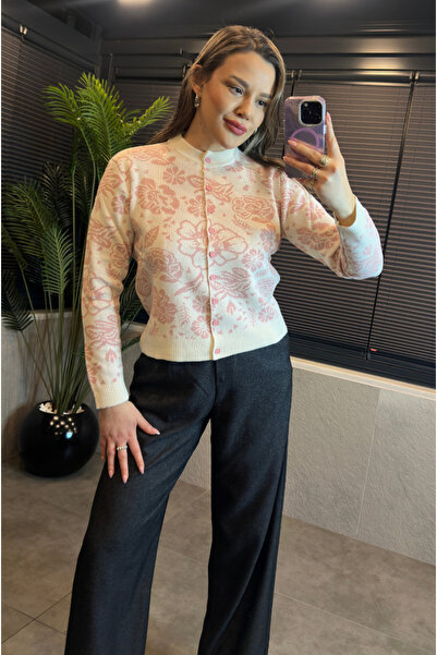 MİR STORE Crew Neck Pink Floral Patterned Mercerized Cardigan